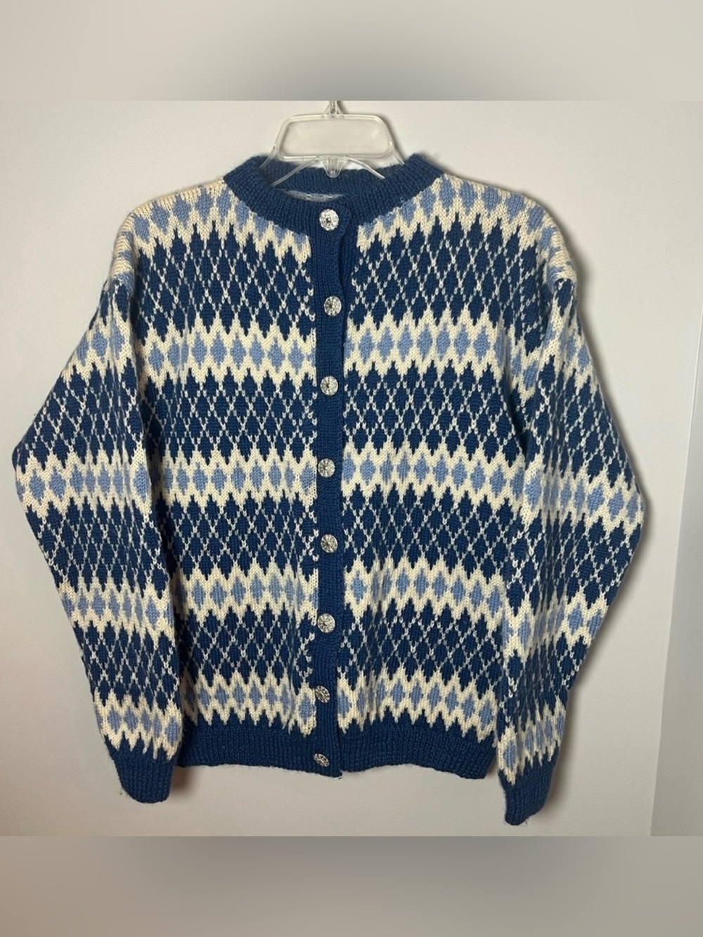 Vintage 100% Wool Nordic Cardigan Sweater Blue White Fair Isle Womens Size M